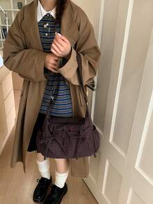 Korean & Japanese Style Plaid Women's Shoulder Bag, Casual & Versatile, Bow Decor, Multi-Pocket, Foldable, Adjustable Strap, Suitable For Daily Use, School/College, Simple & Cute, Pleated, Multi-Pocket, Drawstring Front Pocket Plaid Cloth Bag , Old Money - 彩色 - 查看 2