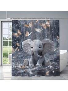 1件/4件装大象雨中主题浴帘，保暖防水，带12个挂钩，适用于房间、家庭、酒店，可机洗浴室帘 - 彩色 - 查看 20