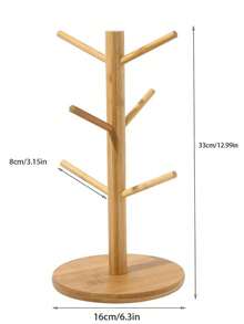 1pc Bamboo Mug Holder Tree - Coffee Cup And Tea Cup Organizer With 6 Hooks For Countertop - Stylish Coffee Bar Accessory