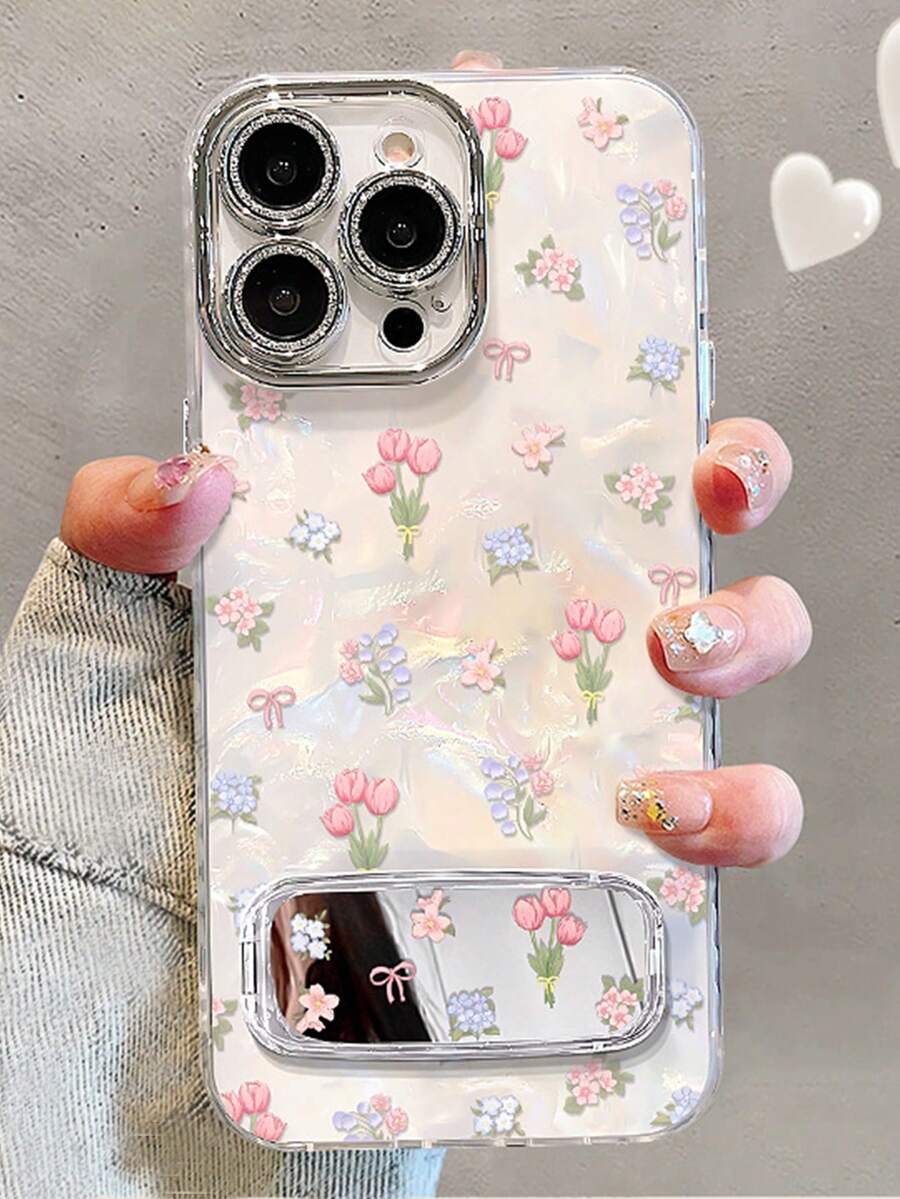 1pc Electroplated Glitter Full Coverage White Background Dreamy Tulip Bouquet Phone Case + 3D Invisible Mirror Stand Compatible With IPhone 11/12/13/14/15/16/17/Pro Max