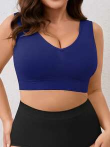 1pc Seamless Wireless Lift & Support Adjustable Yoga & Sleep Bra, Comfortable Side Gather Plus Size Sports Bra For Women Spring - Navy Blue - View 5
