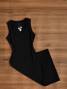 女士纯色优雅休闲针织开衩修身连衣裙，适合度假、婚礼、生日派对、约会、春夏穿着，黑色 - 黑色 - 查看 1