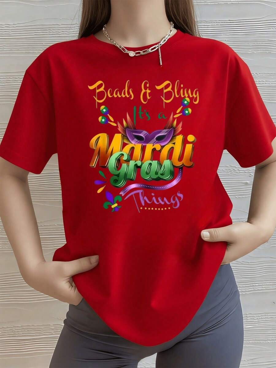 Máscara morada con plumas y cuentas de colores representando la alegría del Mardi Gras y su espíritu festivo camiseta de mujer 100% algodón - Rojo - Ver 1