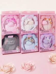 5pcs Women's Velvet Headband Wash Set, Includes Sponge Spa Headband For Face Washing, Wristband, Large Flower Hair Clip, Fluffy Makeup Cleansing, Mask & Skincare/Haircare Accessories, Comes In Elegant Gift Box For Party Or Daily Use - Multicolor - View 1