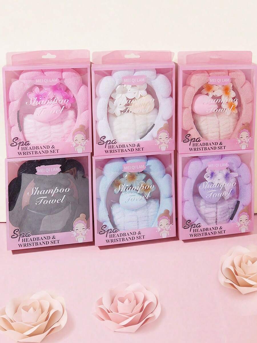 5pcs Women's Velvet Headband Wash Set, Includes Sponge Spa Headband For Face Washing, Wristband, Large Flower Hair Clip, Fluffy Makeup Cleansing, Mask & Skincare/Haircare Accessories, Comes In Elegant Gift Box For Party Or Daily Use - Multicolor - View 1