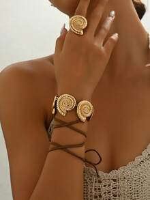 2件套 新款夏季创意极简贝壳沙滩度假风金色缠绕优雅百搭夏季派对礼物手链戒指套装 - 金黃色 - 查看 5