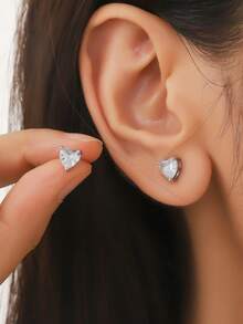 1 par de pendientes de botón minimalistas con zirconia en forma de corazón, joyería simple adecuada para uso diario de adolescentes, regalo para novia/Día de San Valentín - Multicolor - Ver 6