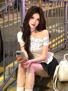 显瘦性感丝带字母印花短袖T恤 - 白色 - 查看 3