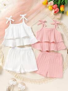 4pcs/Set Baby Girls' Soft & Comfortable Casual Elegant Outfit, Cute Versatile Knit Layered Ruffle Bow Strap Vest And Sports Shorts Set, Suitable For Infant/Toddler Girls, Ideal For Summer Daily Wear, Vacation, Party, Photo Shoot, Outdoor Activities - Multicolor - View 3