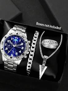 Set de 4 relojes de hombre de estilo hip hop en color plateado con acero inoxidable, adecuados para uso diario, reuniones de negocios, fiestas de cumpleaños, regalos del Día de San Valentín, regalos para novio/Día del Padre, casual y deportivo - Plateado - Ver 9
