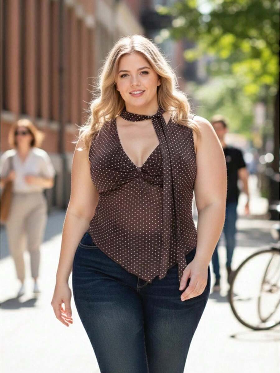 1Pcs Plus Size Women's Ruched Tank Top With Scarf - Sleeveless V-Neck Layering Vest, Dot Print Streetwear For Summer, Festivals  Casual Outfits - Brown - View 1