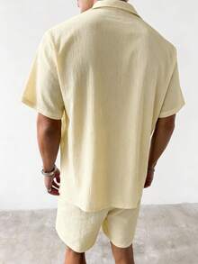 2pcs Men's Vacation Set: Solid Color Open Collar Shirt With Vintage Coin Texture, Paired With Elastic Waist Shorts. Soft, Breathable Fabric In Relaxed Fit, Suitable For Summer Daily Wear, Weekend Gatherings, Beach Vacations, And Seaside Parties. A Perfect Gift For Valentine's Day. - Apricot - View 5
