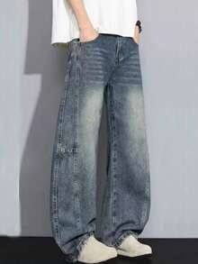 青少年男童拼接复古水洗蓝色喇叭牛仔裤，休闲宽松百搭，适合春秋季穿着 - 藍色 - 查看 2