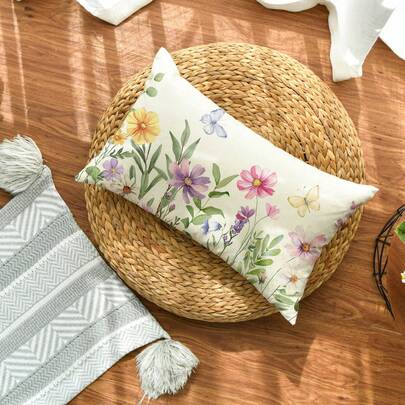 1件春季彩色花卉桉树蝴蝶抱枕套，12 x 20英寸沙发靠垫套，单面印花，不含枕芯