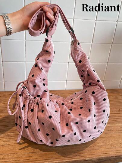 日系清新波点灯芯绒单肩包，时尚褶皱女包，蝴蝶结拉链封口，斜挎包，学院风，适合初中、高中和大学生，轻便可折叠布包，适合购物和日常通勤，新月形包包。
