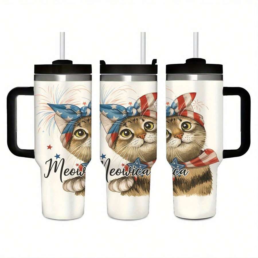1pc 40oz Patriotic 4th Of July Stainless Steel Water Bottle With Handle And Straw - Insulated Leakproof For Fitness, Outdoor, Office - American Flag Design With Cute Cat Pattern, "Meowica" Patriotic Theme, 304 Stainless Steel, Perfect Holiday Gift For Adults, Outdoor Hydration, Holiday Theme, Durable Construction, Fitness Enthusiast Durable Stainless Steel Water Bottle With Detachable Cup For Daily Use, Water Bottle Coffee Bar Essentials| Perfect Grandpa Grandma & Best Friend Gifts - 黑色 - 查看 1