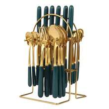 24-Piece Cutlery Set, Stainless Steel Cutlery Set With Stand For Kitchen Hotel - Dark Green - View 10