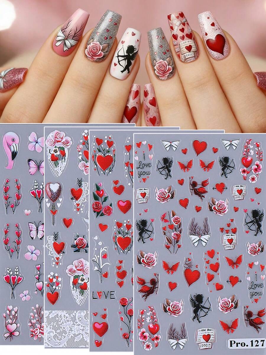 4 miếng dán móng tay nghệ thuật dập nổi 5D chủ đề Ngày Valentine, họa tiết trái tim đỏ, hoa hồng, ren, nơ và thiên thần, decal móng tay khắc 5D, đồ trang trí móng tay tự dính, dụng cụ làm móng dành cho nữ. - Nhiều màu - Xem 1