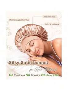 1-Pack Silk Nightcap, Satin Hair Cap, Soft Elastic Band Silk Nightcap, Curly Hair Women's Silk Hair Cap, Solid Color Wide-Brimmed Elastic Silk Satin Fashion Nightcap, Casual And Comfortable Soft Breathable Daily Style Hair Care Cap, Back To School Essential. Suitable For Daily Wear, Home Wear, Party Wear, Beauty Salon Back To School, Nightcap, Plus Size Women's Hat. - Gold - View 6