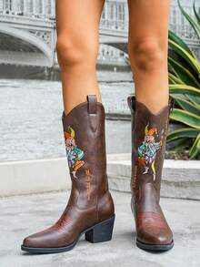 2026 New Fashion Women's Pointed Toe Chunky Heel Embroidered Western Cowboy Boots - Brown - View 6