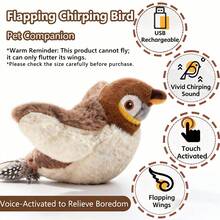 USB Rechargeable Flapping Bird Cat Toy (Non-Flying), Touch Activated Interactive Cat Exercise Toy Suitable For Cats, Small Dogs And Other Pets, Realistic Bird Design - Brown - View 4