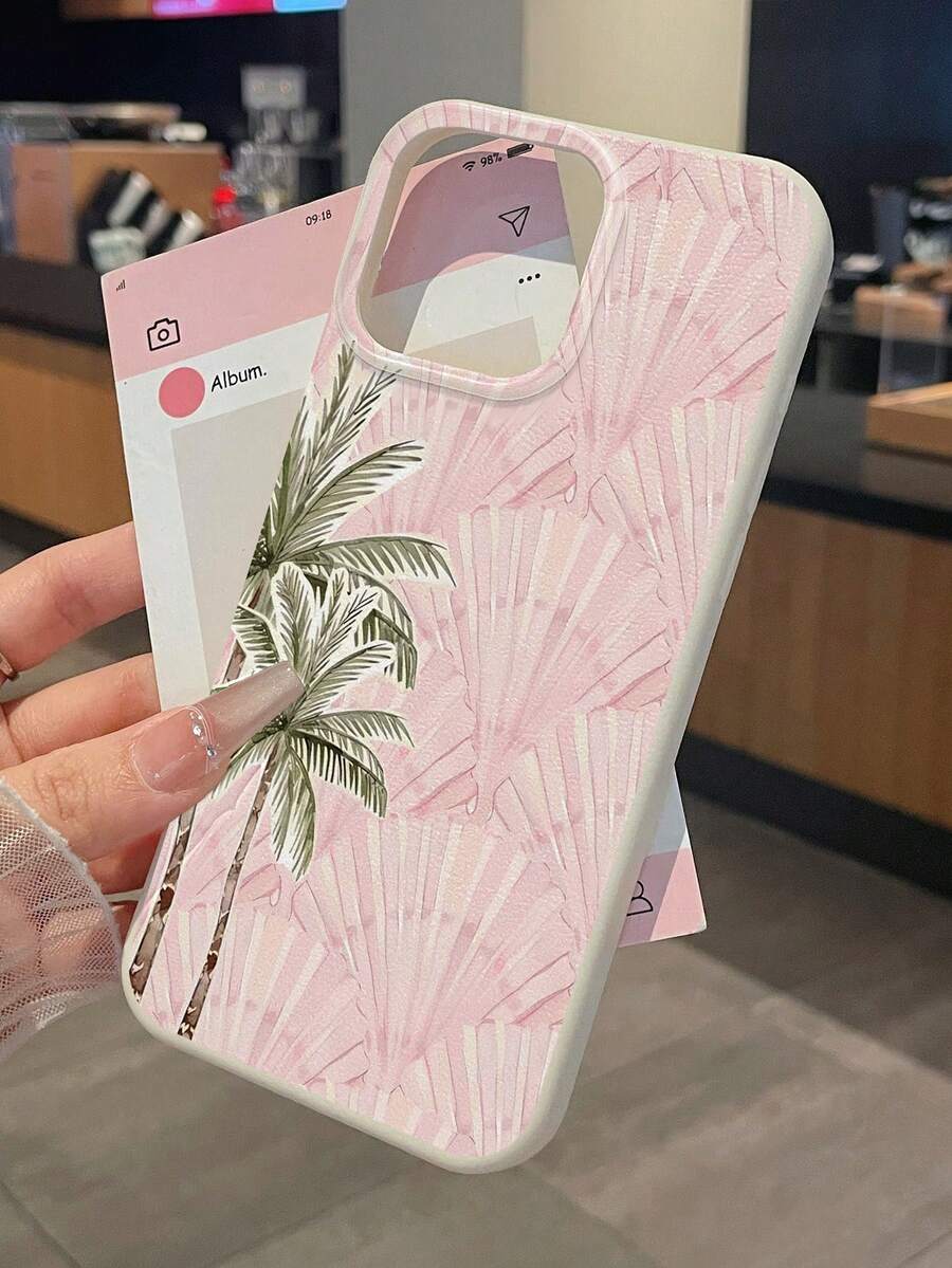 1pc TPU Material Pink Palm Tree & Shell Pattern Phone Case - Aesthetic Protective Cover, Faux Leather Beige, Suitable For Daily Use Or As Valentine's Day/Birthday/Holiday Gift, Compatible With IPhone 17 Pro/ 17, Phones, S24 Ultra, Quick Ship