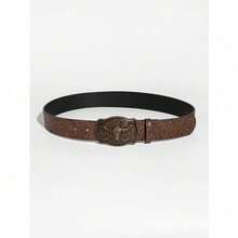 1pcs Western Cowgirl Embossed Retro Buckle Leather Belt Set For Women Summer, School Fall, Autumn, Halloween - Brown - View 2