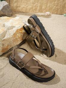 可调节松紧带，新款时尚金属扣装饰，露趾，厚底拖鞋，时尚凉拖，舒适百搭，易于清洁，沙滩凉鞋，适合日常穿着 - 棕色 - 查看 2