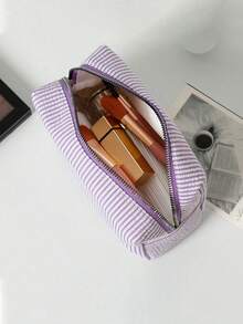 1pc Striped Women's Cosmetic Bag, Polka Dot Striped Zipper Organizer Pouch, Travel Toiletry Bag, Women's Makeup Organizer, Back To School Bag, Travel Organizer, Beach And Summer Vacation Bag, School Makeup Bag, Back To School Supplies, Cosmetic Organizer, Study Supplies Pouch, Storage Bag, And Dorm Essential Organizer - Multicolor - View 9