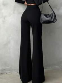 Women's Solid Black Casual Elegant Straight-Leg Pants, Back To School Asymmetrical V-Shaped Waistline Accentuates Curves, Suitable For Daily Wear, Office Commute, Dates, Holidays - Black - View 3