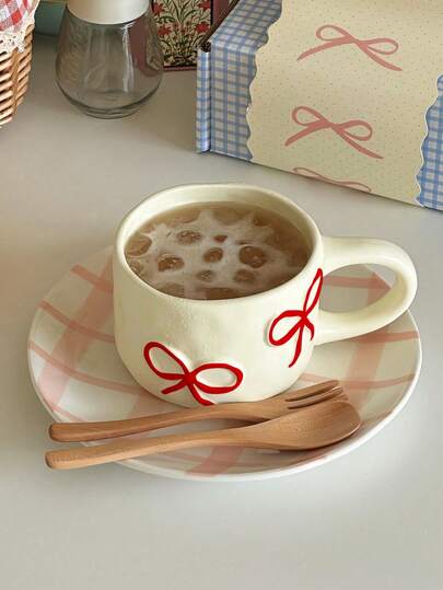 Ins Style Kız Çocuklarına Özel El Yapımı Kurdeleli Seramik Kahve Fincanı, Sevimli 3D Kupa, Öğleden Sonra Çayı İçin, Yüksek Kaliteli Ev/Ofis Kahvaltılık/Su Bardağı