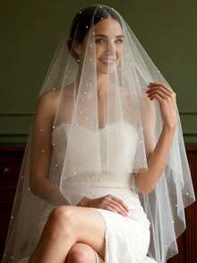 1pc 3 Meters Long Double-Layer Bridal Veil With Pearl Beading, Elegant Minimalist Design, Suitable For Cathedral Wedding Ceremony - Milky - View 5