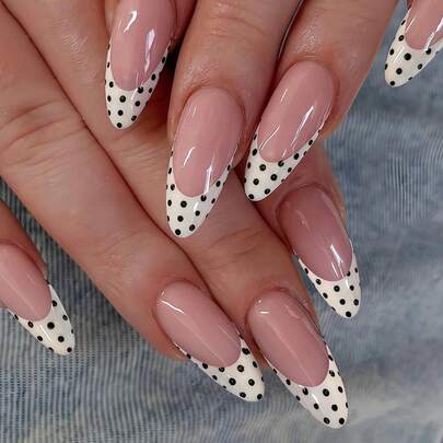 Transform Your Nails With 24pcs Medium Almond Shape Press On False Nails Elegant Vintage Cloud White Wide-Border French-Style Fashion Polka Dot Design Press-On Nails Classic Daily Black-And-White Contrasting Polka Dot Pattern Artificial Nails Full Cover False Nails For Women And Girls Includes 1sheet Adhesive Tabs & 1pc Mini Files Strip Jelly Gel Random Shipment