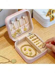 Mini And Portable! Solid Color PU Leather Jewelry Box, Very Convenient For Travel Storage Of Necklaces, Rings And Earrings, Dust-Proof Design To Protect Exquisite Accessories - White - View 9