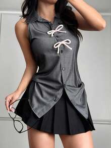 Y2K学院风无袖衬衫，腰部蝴蝶结领口，后背系带，黑色夏季上衣 - 深灰色 - 查看 7