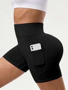 Spring/Summer Women's Plus Size Black High-Waisted Tight Yoga Shorts, Side Pockets, Slim Fit, Suitable For Cycling, Running, Fitness Training, Daily Wear - Black - View 4