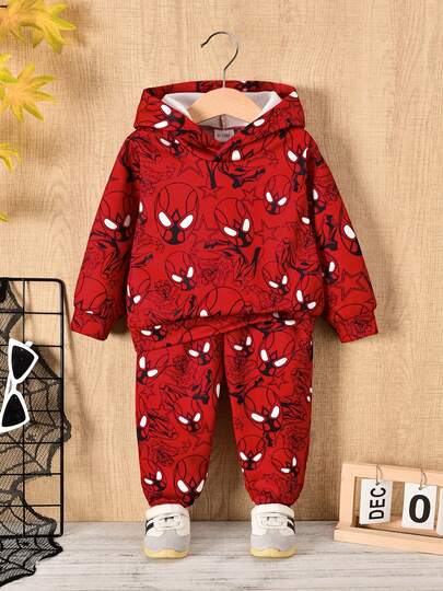 2pcs/Set Boys' Spring Casual Fashion Red Cartoon Pattern Hoodie + Matching Pants, Relaxed Fit Sporty Style Outfit, Suitable For Daily Wear, Outdoor Play, Family Activities, Parties