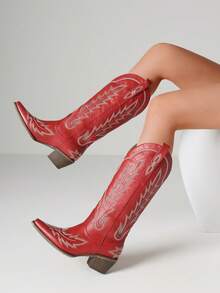 Women's Vintage Classic Western Knee High Cowboy Boots Fashion Embroider Block Chunky Heel Pull On Pointed Toe Retro Cowgirl Boots - Red - View 9