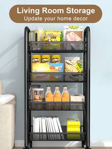 Storage Cart With Drain Basket, Mobile Shelving Unit Rolling Utility Cart, Rolling Cart, Rolling Pantry Organizers, Kitchen Organizer, Organization For Living Room, Bathroom, Kitchen Office, Black - 黑色 - 查看 5