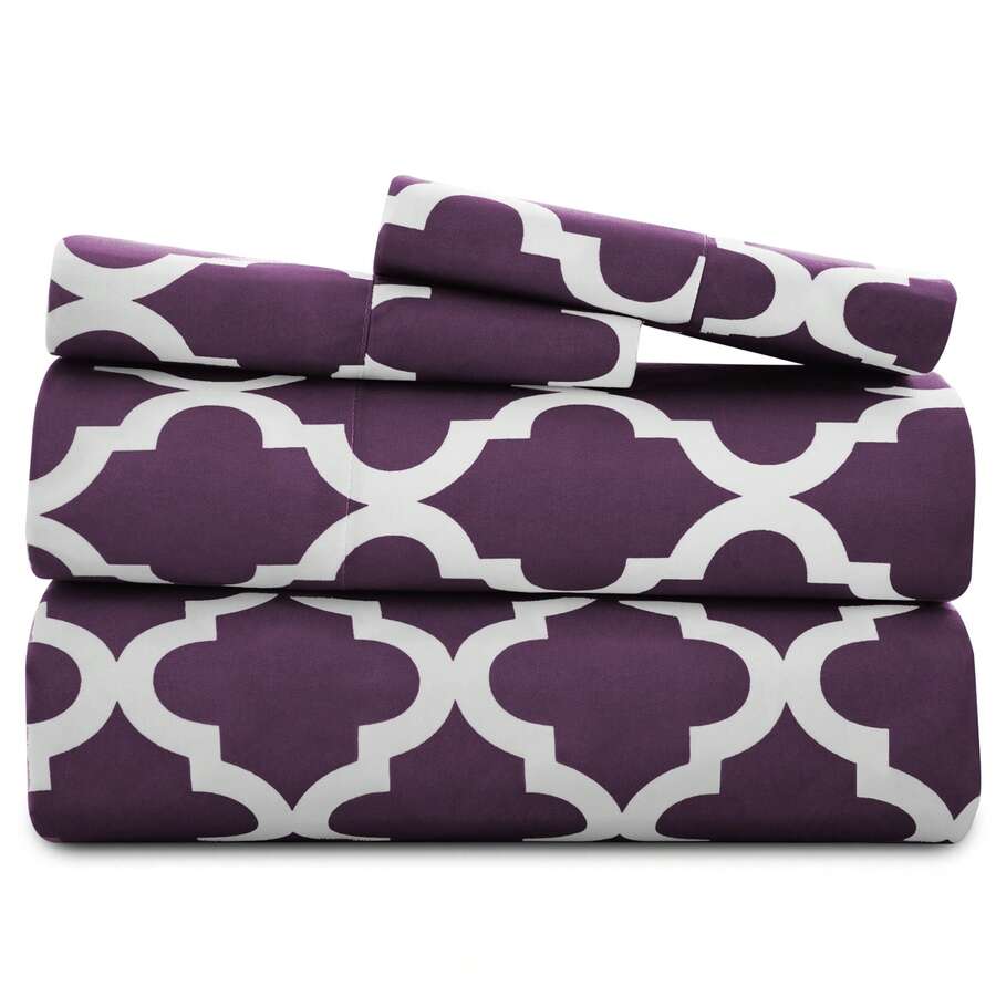 Lux Decor 4-Piece Quatrefoil Bed Sheet Set, Soft Brushed Microfiber Bedding With 16-Inch Deep Pocket Fitted Sheet, Breathable Hotel Luxury Sheets And Pillowcases, Fade And Wrinkle Resistant Bedding For Bedroom, Guest Room And Dorm - 紫色 - 查看 1
