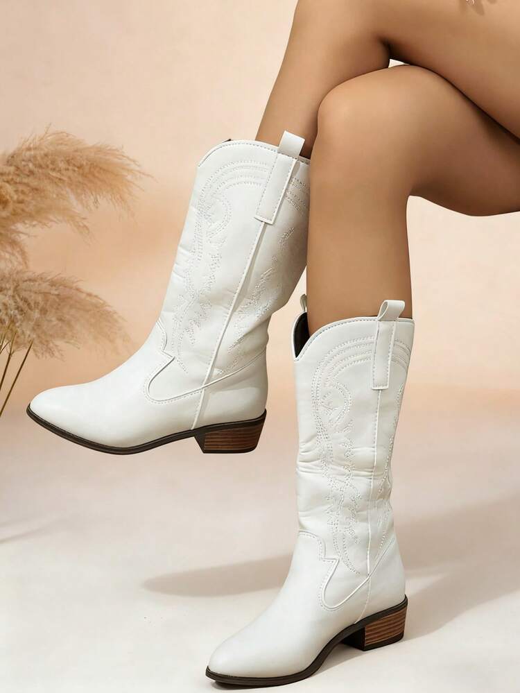 Botas occidentales blancas de cuero bordado para mujer, Otoño/Invierno 2025, Puntera puntiaguda, Tacón grueso, Tacón alto, Manga media pantorrilla, Botas de ocio al aire libre de moda, Botas vaqueras - Blanco - Añade 1
