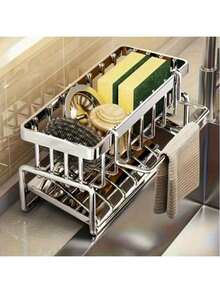 1 cái giá đựng đồ dùng nhà bếp chống gỉ có thanh treo khăn và khay hứng nước, có thể đựng miếng bọt biển, phù hợp với bồn rửa nhà bếp, phụ kiện bồn rửa nhà bếp bằng thép carbon chống gỉ. - Nhiều màu - Xem 6