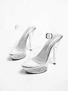 Plus Size Crystal Stiletto Transparent Lace-Up Non-Slip Peep Toe Waterproof Platform Super High Heel Sandals For Runway, Car Model, Cosplay - Silver - View 5