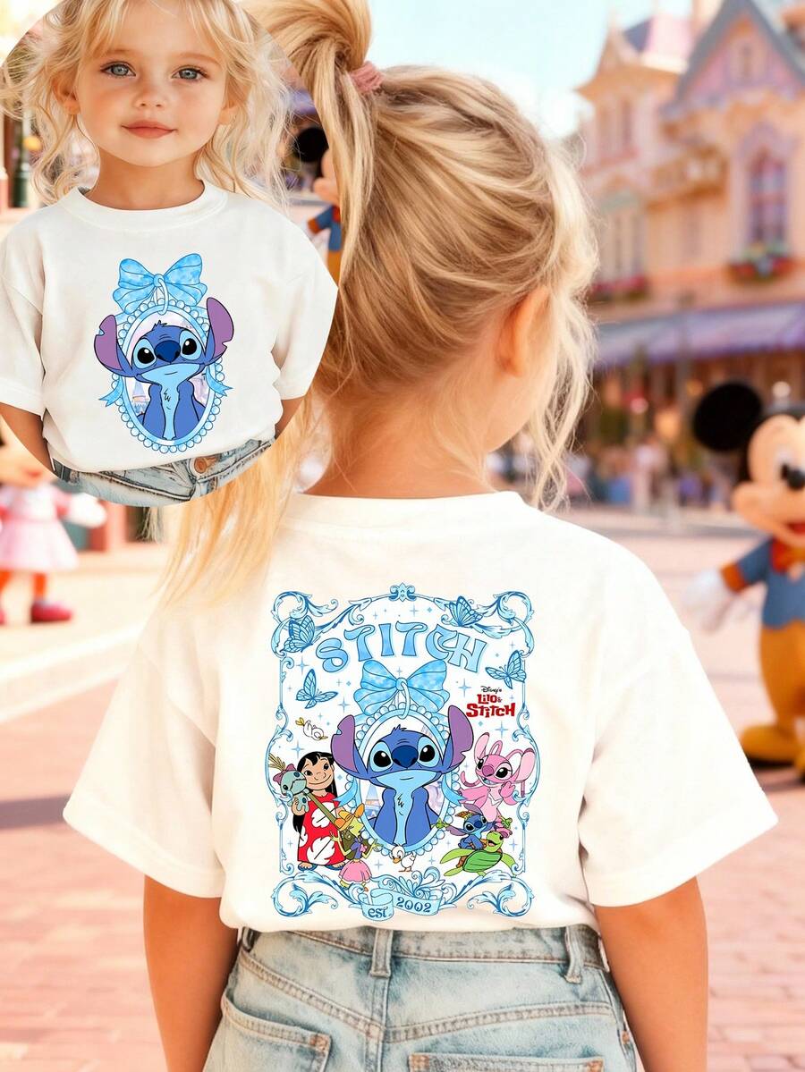Disney Girls' T-Shirt, Featuring A Creative Stitch Bow Design With Adorable Double-Sided Cartoon Prints. This Summer Cotton Crew-Neck Short-Sleeve Tee Is Perfect For Everyday Wear, Vacations, Outdoor Activities, And As A Gift For Children. - White - View 1