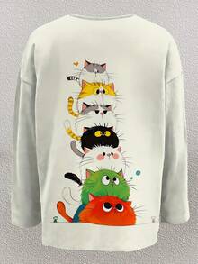 Plus Size Women's Fashionable Cute Colorful Cat Print V-Neck Long Sleeve Top, Casual & Comfortable, Slightly Stretchy Fabric, Animal Pattern, Suitable For All Seasons Spring - Beige - View 2