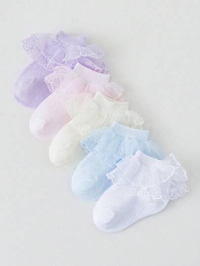 5 Pairs Baby/Toddler Girls' Sweet Lace Ruffle Trim Breathable Soft Comfortable Fashion Ankle Socks, Suitable For Daily Wear Or Princess Dress/Valentine's Day Outfit