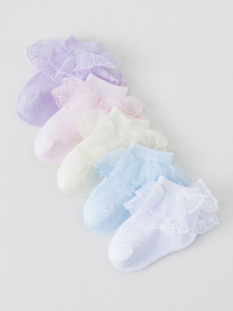 5 Pairs Baby/Toddler Girls' Sweet Lace Ruffle Trim Breathable Soft Comfortable Fashion Ankle Socks, Suitable For Daily Wear Or Princess Dress/Valentine's Day Outfit - Multicolor - View 1
