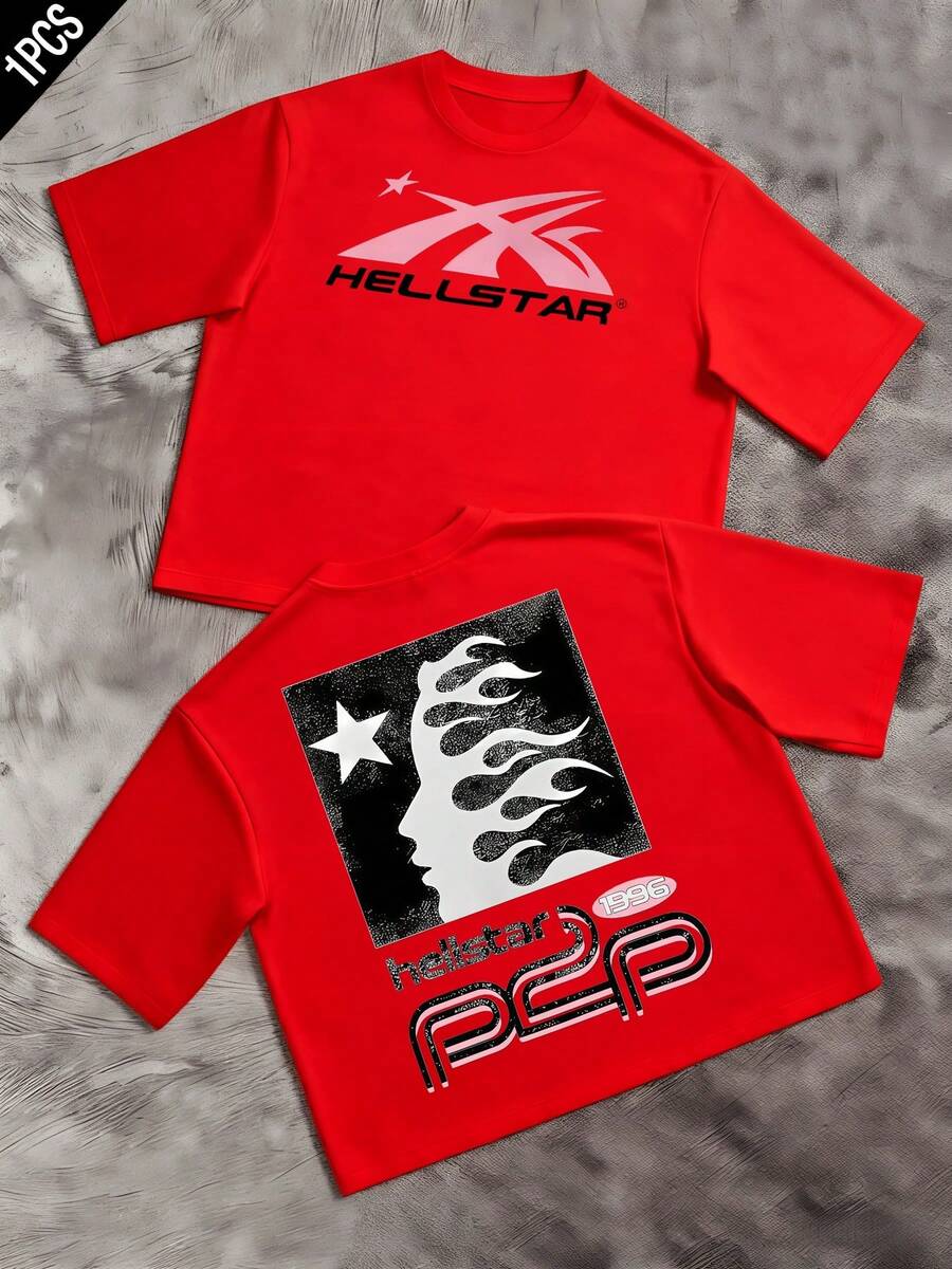 1pcs Retro Flame Star Graphic Men's Vintage 220g T Shirt Streetwear 100% Cotton Y2K Swag Double Sided Graphic Men Clothes  Digital Printed T Shirt They Are Excellent Gifts For Friends And Family - 紅色 - 查看 1