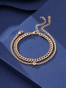 2pcs Minimalist Copper Alloy Bracelet Set, Double-Layer Chain Style Suitable For Men, Daily Wear, Dating, Campus - Yellow Gold - View 2