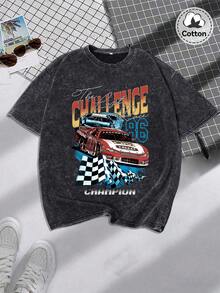 男士街头赛车图案T恤，略带弹力做旧黑色圆领短袖T恤，休闲日常穿着 - 黑色 - 查看 1